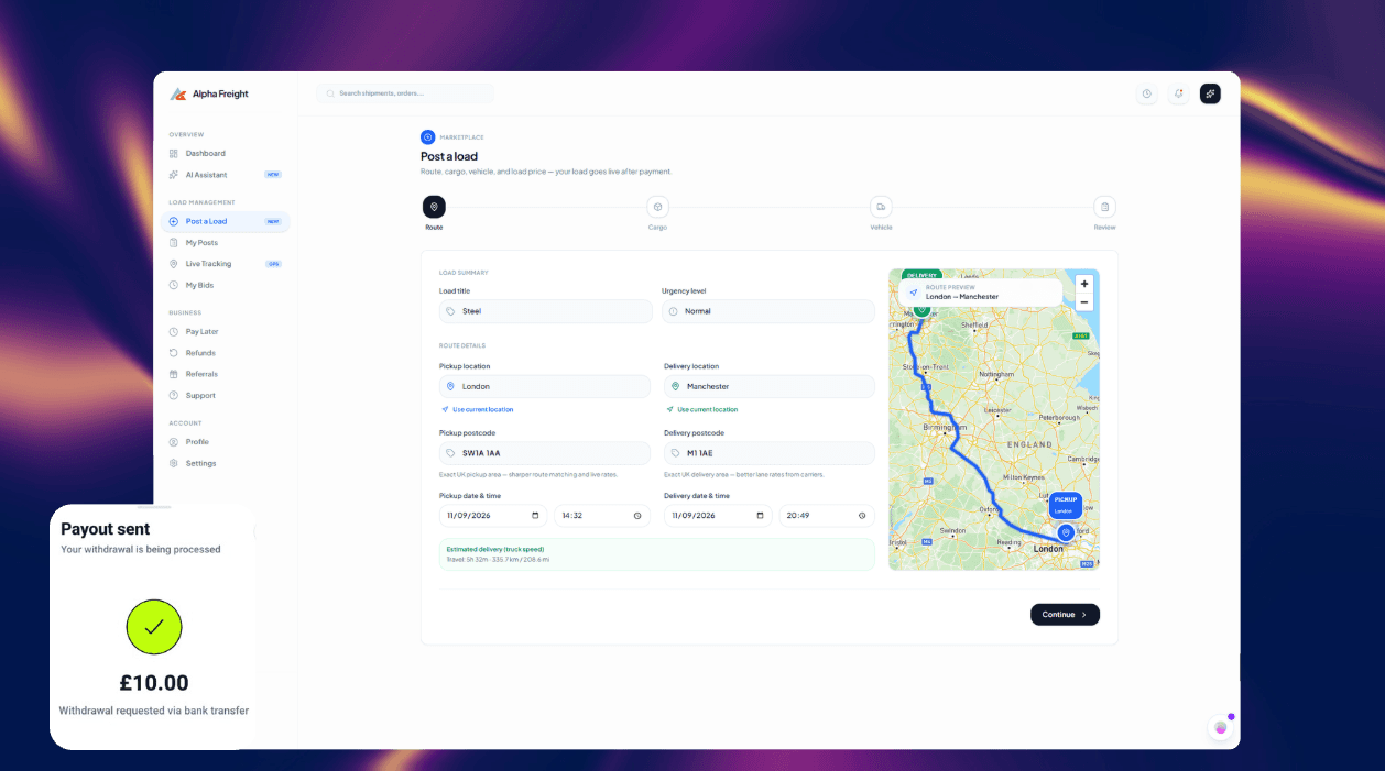 Alpha Freight supplier dashboard — post a load with route map, cargo details, and live tracking